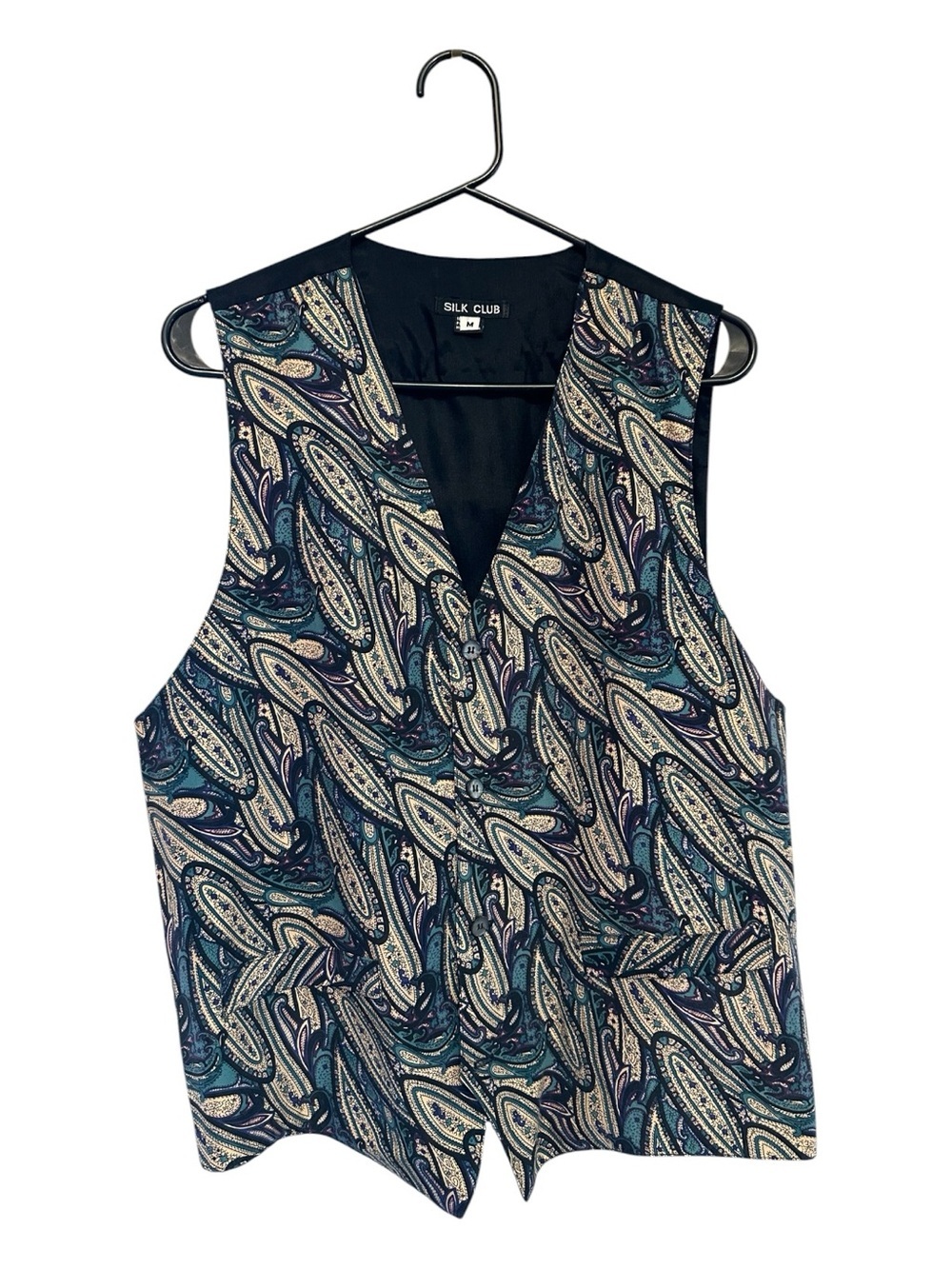 Vintage 90’s Silk Club 100% Silk Teal Navy Paisley Formal Vest Size Medium